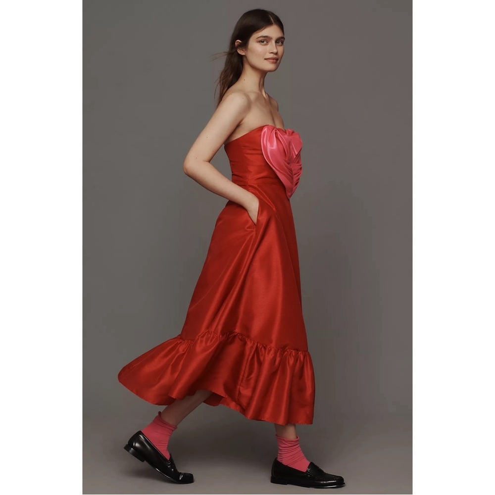 Anthropologie Hutch Strapless Heart Bodice Red Pink Satin Maxi Dress 6 NWT - Picture 10 of 10